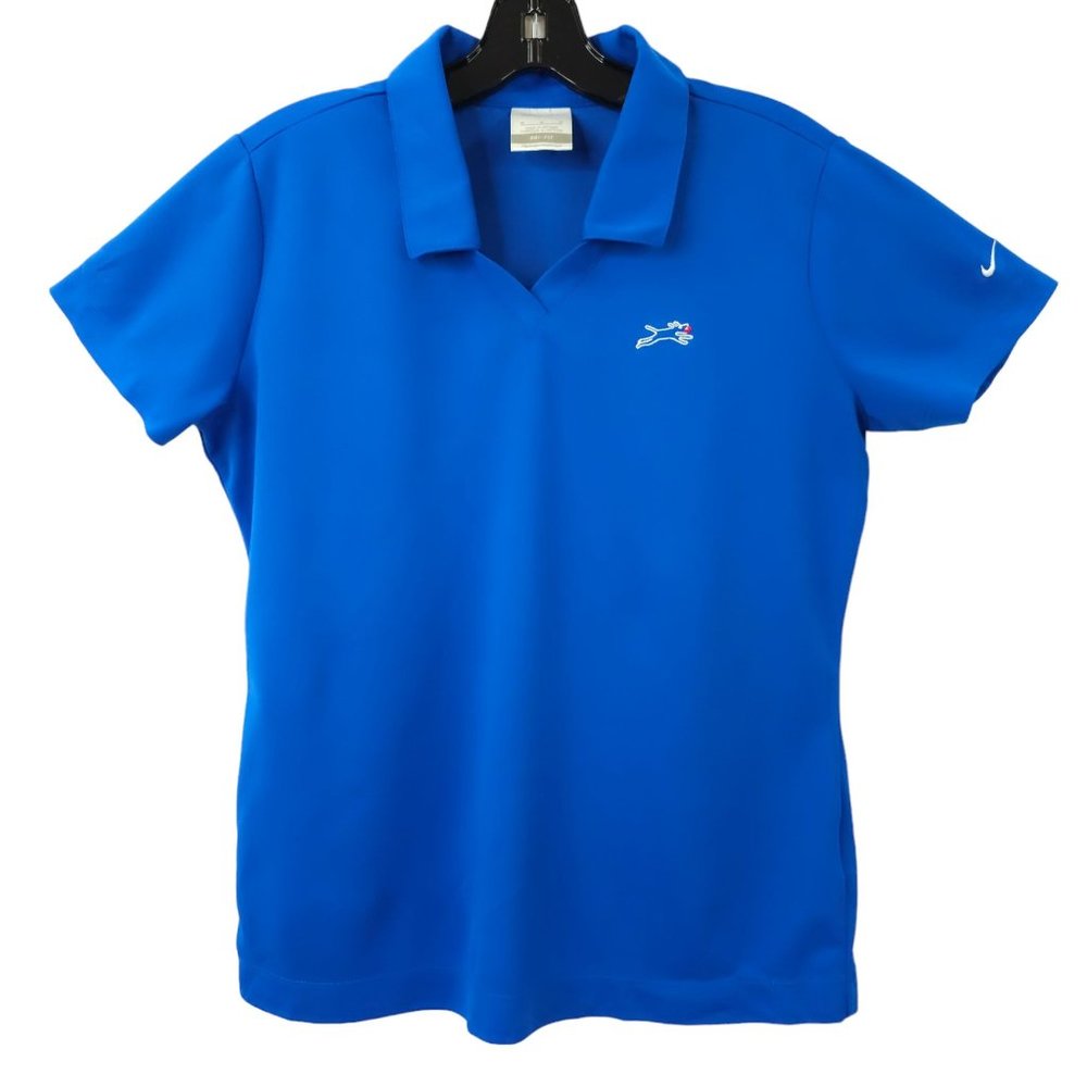 Nike Golf Dri Fit Blue Polo Shirt Womens M Embroidered Sleeve Swoosh Dog Puppy